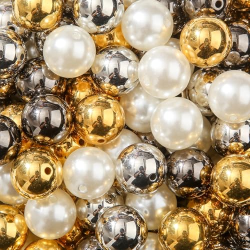 160pcs Chunk Bubblegum Beads 20mm Pearl Beadable Bead Pen Ball Beads for Pen Bag Jewelry Making Necklace Bracelets (White&Golden&Silver) - color: white&golden&silver