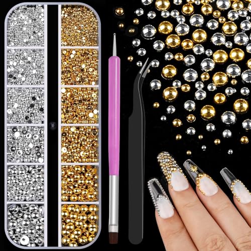 Gold and Silver Nail Charms and Gems, 1.5-5mm Half Round Flatback Nail Pearls Ball Beads Silver Gold Pearls for Nails with Pickup Pencil and Tweezers (12-K1-half-pearls-gold-silver) - color: 12-K1-half-pearls-gold-silver