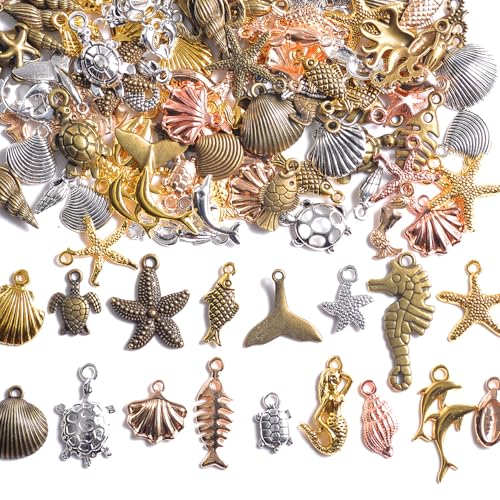 stino 100g Metal Pendant Charms for Jewelry Making, Bulk Silver & Gold Plated Charms for Braclet Necklace Crafts, Animal Plant Flower Pet and so on - color: Sea Life Silver & Gold
