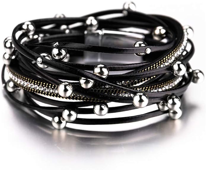 Fesciory Leather Wrap Bracelets for Women, Boho Leopard Multi-Layer Crystal Beads Cuff Bracelet Jewelry