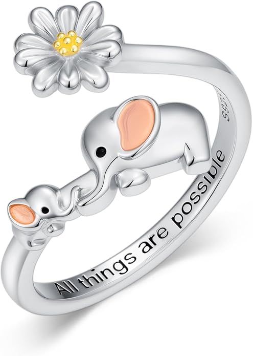 Animal Open Ring 925 Sterling Silver Koala/Panda/Highland Cow/Elephant Adjustable Ring Cute Animal Daisy Jewelry Gifts for Women