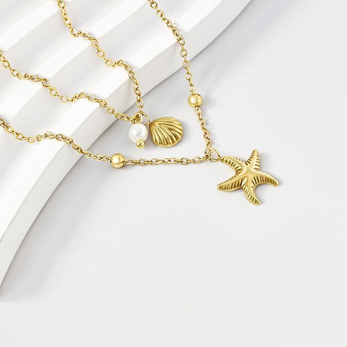 Evabelle Gold Layered Necklace for Women Trendy Jewelry 14K Real Gold Plated Chunky Chain Stackable Necklaces Dainty Choker Necklaces Rectangle Square Pendant