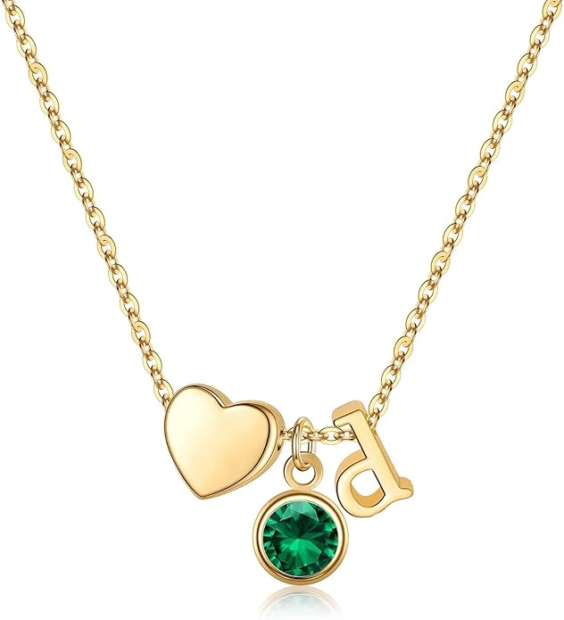 Ursilver Initial Birthstone Necklace for Women - Heart Initial Birthstone Pendant Necklace Personalized Gifts Birthday Gifts for Women