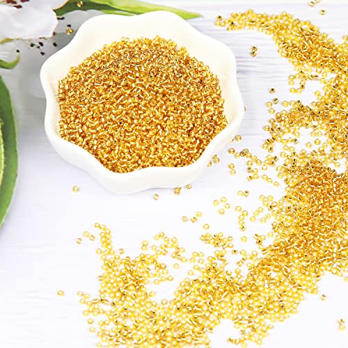 Transparent Gold with Silver Lined Beads Size 12/0 Crafts Glass Seed Beads 2mm for Jewelry Making (Total About 100g About 11000pcs) - color: Transparent Gold with Silver Lined, size: 2mm