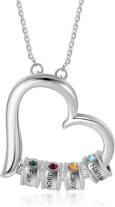 Personalized Women's Pendant Necklace 925 Sterling Silver with 1-5 Simulated Birthstone Names Customized Heart Shape Cubic Zirconia Necklace