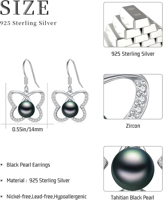Tahitian Black Pearl Earrings Gifts for Women Wife Celtic Dangle Drop Earrings Wedding Birthday Anniversary Jewelry Valentines Christmas Day Gifts 925 Sterling Silver