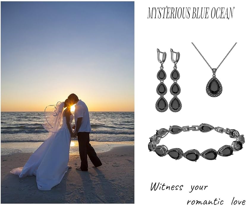 LMXXVJ Necklace Long Earrings Bracelet Set, White Gold Plated Created Blue Sapphire Jewelry Set Wedding Party Gift Jewelry for Women Bridal Bridesmaid