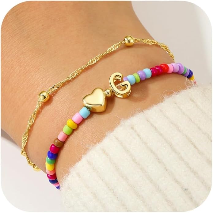 Ursteel Valentines Day Gifts for Kids Teen Girls - 14K Gold Plated Beaded Letter A-Z Bracelet, Layered Stretch Initial Bracelets, Women Trendy Bohemian Jewelry Birthday Gifts