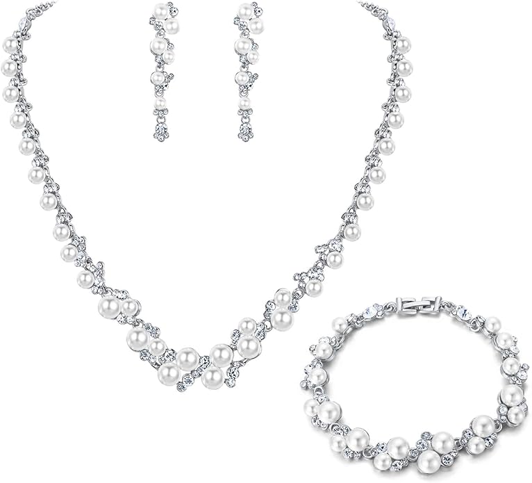 EVER FAITH Simulated Pearl Crystal Bridal Necklace Earrings Bracelet Set Clear