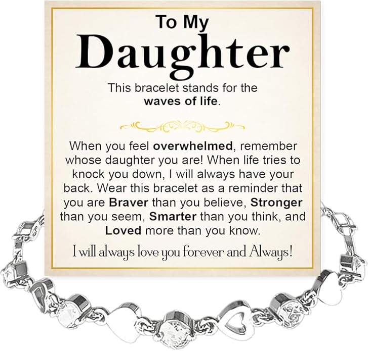 To My Daughter Bracelet, Silver Heart Chain Bracelet with Shiny Stones, Perfect Birthday or Graduation Christmas Gift for Daughter with Message Card and Gift Box