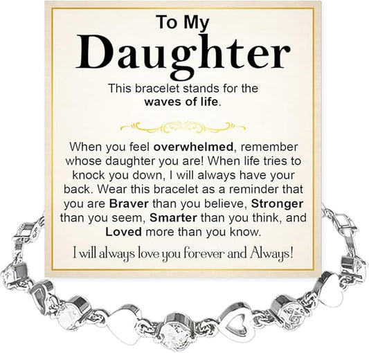 To My Daughter Bracelet, Silver Heart Chain Bracelet with Shiny Stones, Perfect Birthday or Graduation Christmas Gift for Daughter with Message Card and Gift Box