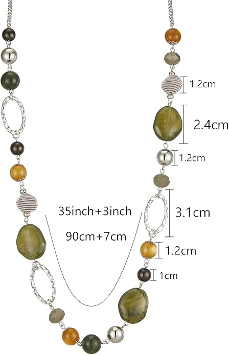 BULINLIN Beaded Long Necklace for Women Silver Sweater Chain Necklace with Crystal Resin Beads, Fashion Jewelry Necklace