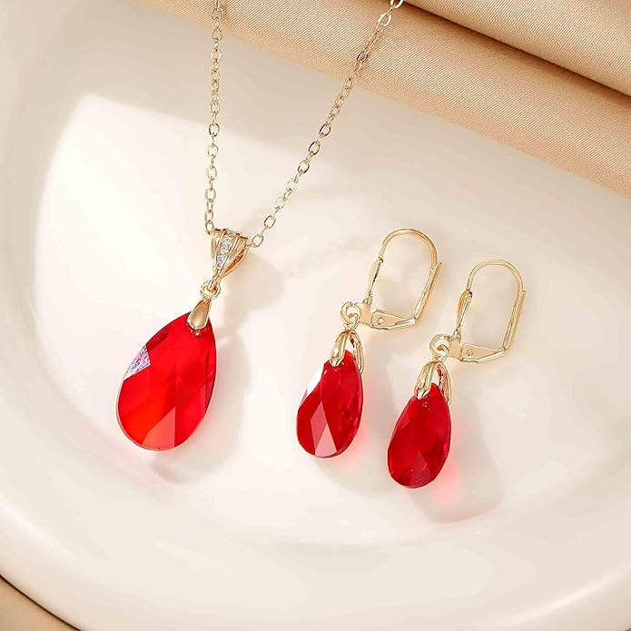 EVEVIC Austrian Crystals Teardrop Pendant Necklace Earrings for Women 14K Gold Plated Hypoallergenic Leverback Drop Dangle Earrings Jewelry Set