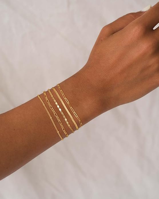 DEARMAY 14K Gold Plated Bracelets for Women, Jewelry Sets Cute Tennis Beaded Bracelets Cuban Link Paperclip Chain Dainty Bracelet Pack Gifts