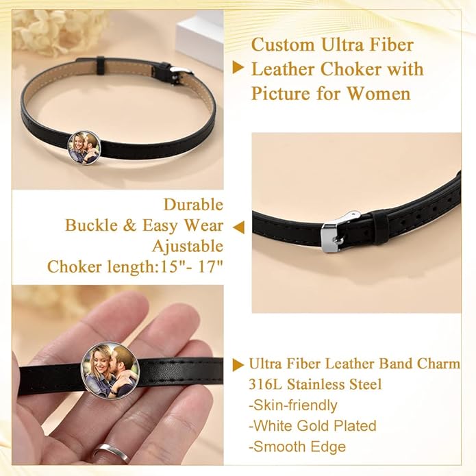 Custom4U Personalized Black Leather Choker Necklace with Picture/Name/Initials/Letters Charm,Custom Made Adjustable Choker Collar Gothic Punk Necklaces Jewelry Gifts for Women