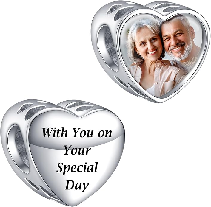Annmors Personalized Photo Charms For Bracelets/Necklace 925 Sterling Silver Love Heart Shaped Engraved Customize Picture Gift for Birthday Mother's Day,Bead Charms Jewelry for Women