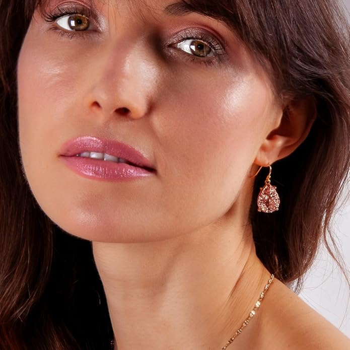 Teardrop Dangle Earrings for Women with Simulated Druzy Stones in Gold or Silver Tone