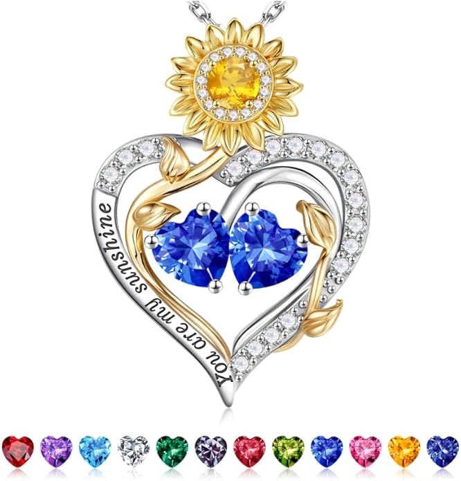 Iefil Valentines Day Gifts for Her - 925 Sterling Silver Sunflower Double Birthstone Necklace for Women, Anniversary Birthday Gifts for Wife, You Are My Sunshine Necklaces, Jewelry for Wife Mom