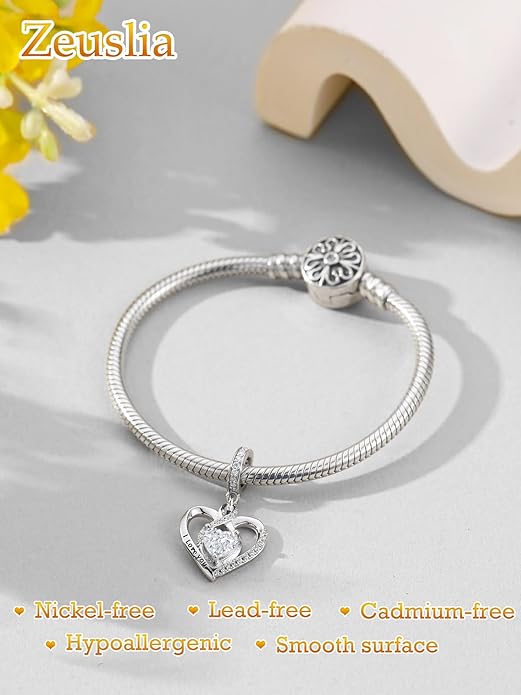 Heart Birthstone Charms for Bracelets, 925 Sterling Silver Women Bead Charms for Charm Bracelets Necklace, Mother's Day Birthday Anniversary Jewelry Gifts for Wife Mom Grandma Daughter