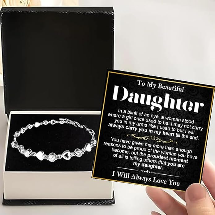 To My Daughter Bracelet, Silver Heart Chain Bracelet with Shiny Stones, Perfect Birthday or Graduation Christmas Gift for Daughter with Message Card and Gift Box