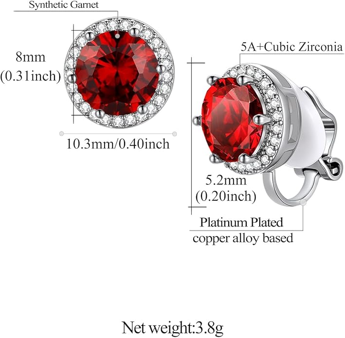 FindChic Sparkling Birthstone Clip On Earrings for Women, Silver Plated Stud Earrings 8MM Cubic Zirconia Non Pierced Studs, 12 Months Birthday Jewelry Gift