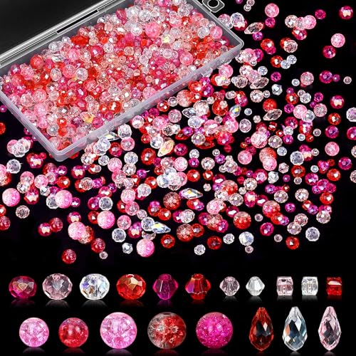 1000pcs Glass Beads for Jewelry Making Colorful Rainbow Craft Crystal Beads with Loose Beads Sparkly Beads for DIY Necklace Bracelet Earring(Red/Pink) - color: Red/Pink