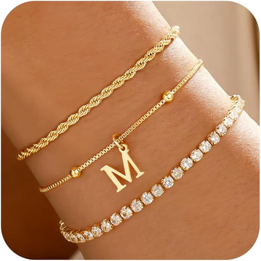 Valentines Day Gifts for Her Kids - Dainty Gold Bracelets for Women Personalized Gold/Silver Initial Bracelet Stack Stackable Rope Box Chain Tennis Bracelets for Girls Jewelry Set