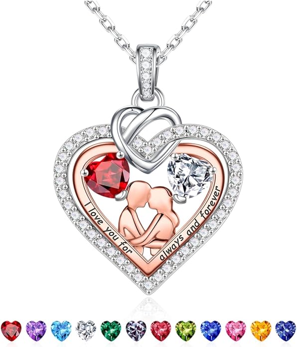 Iefil Valentines Day Gifts for Her - 925 Sterling Silver Double Heart Birthstone Necklace for Women, Anniversary Birthday Gifts for Wife I Love You Gift Couple Sitting Hugging Each Other Jewelry Gift
