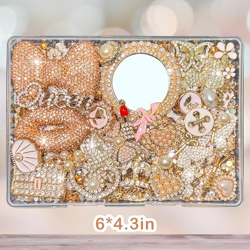 Champagne Gold Junk Case Charms Kit Junks Phones Cases 3D Pearl Butterflies Rhinestone Lips Bows Chain Bags Hearts Crowns Violins And Other Bedazzling Can Be Used In DIY Phone Case Designs