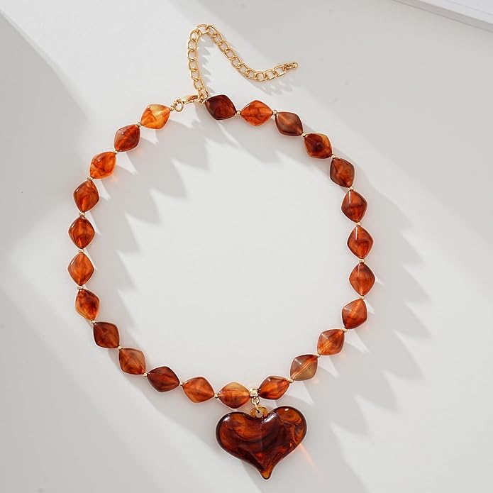 Large Acrylic Heart Necklaces for Women Chunky Puffy Heart Pendant Necklace Exaggerated Statement Love Beaded Choker Necklace Jewelry