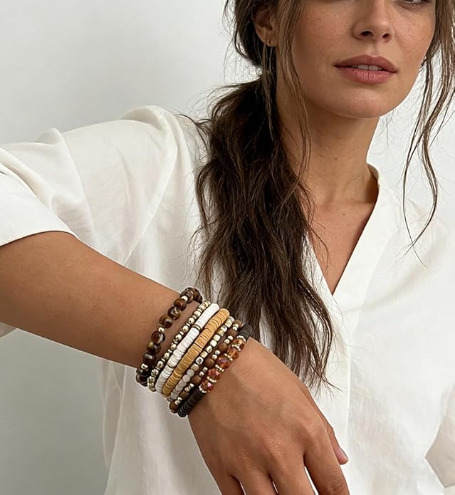 iF YOU 13pcs Heishi Clay Beaded Stretch Bracelets for Women, Boho Gold Surfer Stackable Bracelet Stacks White Brown Black Beach Jewelry