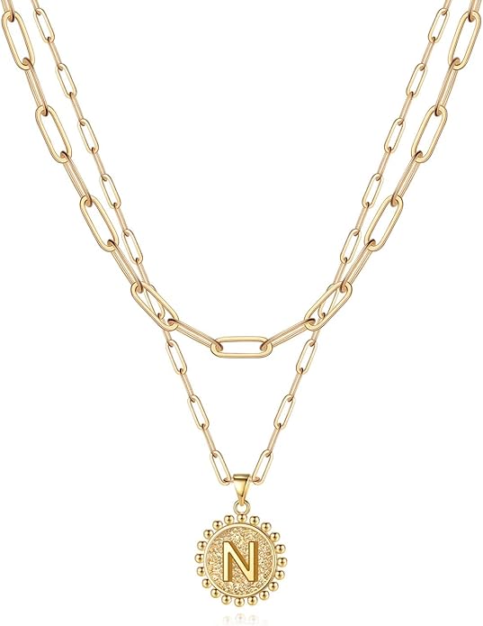 Yoosteel Valentines Gifts for Women Her - Gold Layered Initial Necklaces for Women 14K Gold Plated Dainty Layering Paperclip Link Chain Necklace Coin Initial Necklace Birthday Gifts for Teen Girls