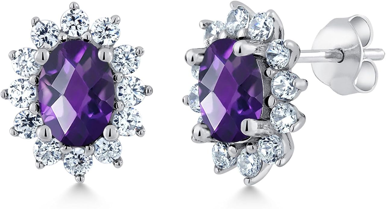 Gem Stone King 7X5MM Oval Gemstone Birthstone Stud Earrings For Women | Princess Diana Royal Halo Style | 925 Sterling Silver | Fine Jewelry Gifts for Anniversary Wedding Her Mom Women Wife
