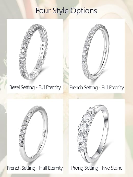 D Color VVS1 Clarity Moissanite Hand Setting Eternity Rings for Women, Solid 925 Sterling Silver Rhodium Finish, Stackable Ring, Wedding Birthday Valentines Anniversary Mothers Day Ideal Gift for Her