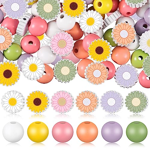 Tradder 200 Pieces Daisy and Sunflower Wood Beads Set 16 mm 20 mm Colorful Wooden Polished Printed Natural Wood Round for Jewelry Making Home Decoration Crafts DIY - style: Daisy and Sunflower