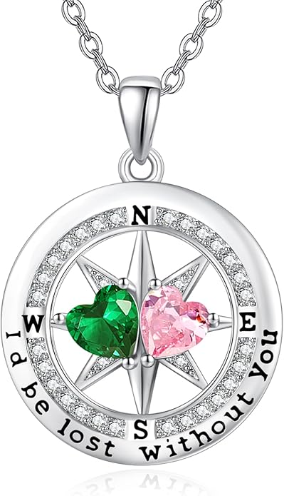 Compass Necklace for Women, Exquisite S925 Valentines Day Anniversary Birthday Gifts for Wife Her Double Birthstone Pendant Jewelry ‘I'd be Lost Without You’