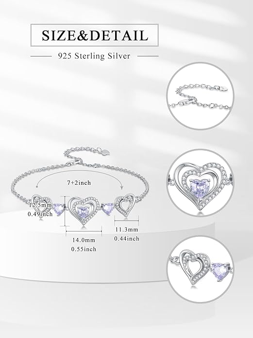 Birthstone Charm Link Bracelet 925 Sterling Silver Rose/Heart/Mom Bracelet with 12 Months Birthstone Mother's Day Gift Jewelry Gifts for Women,Chain Length 7"+2" Extend