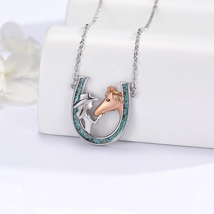 Western Cowboy Necklace 925 Sterling Silver Horseshoe Pendant Western Jewelry Cowgirl Gifts for Women Girlfriend Cowboy Cowgirl