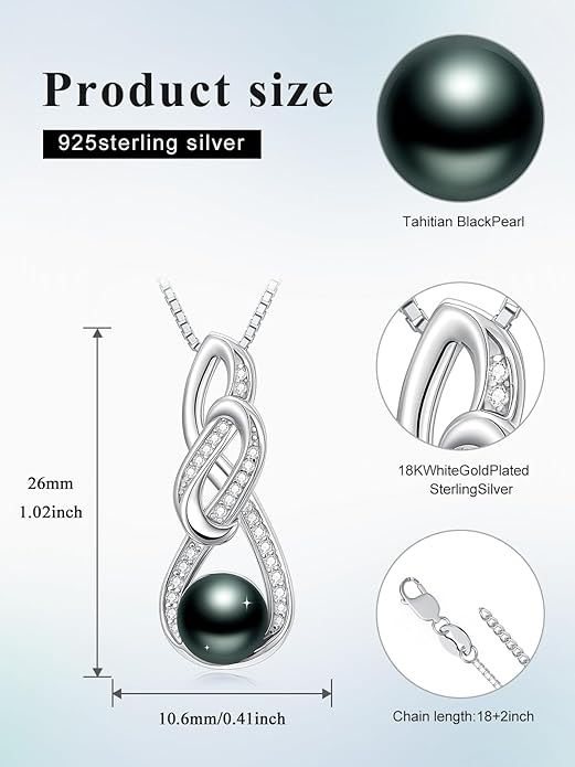 Tahitian Black Pearl 18K White Gold Plated Sterling Silver Heart/Infinity/Four Leaf Clover Pendant Necklace Jewelry Gifts for Women Wife Mom Girlfriend Wedding Birthday Anniversary Christmas