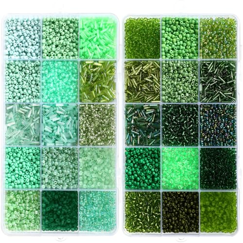 Jexine 2 Sets 30 Colors Glass Seed and Bugle Beads Kit Small Loose Craft Beads for Jewelry Making DIY Crafts Bracelets and Necklaces (Green, Cyan) - color: Green, Cyan