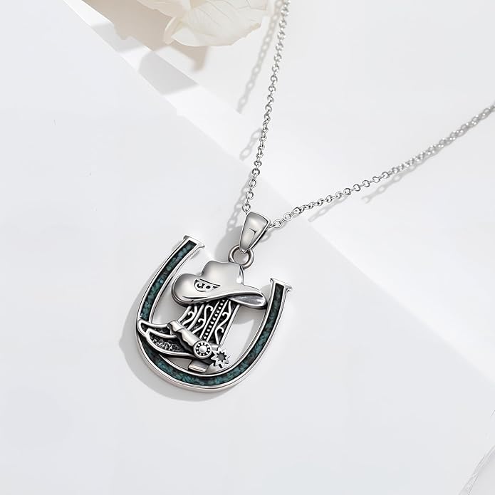 Western Cowboy Necklace 925 Sterling Silver Horseshoe Pendant Western Jewelry Cowgirl Gifts for Women Girlfriend Cowboy Cowgirl