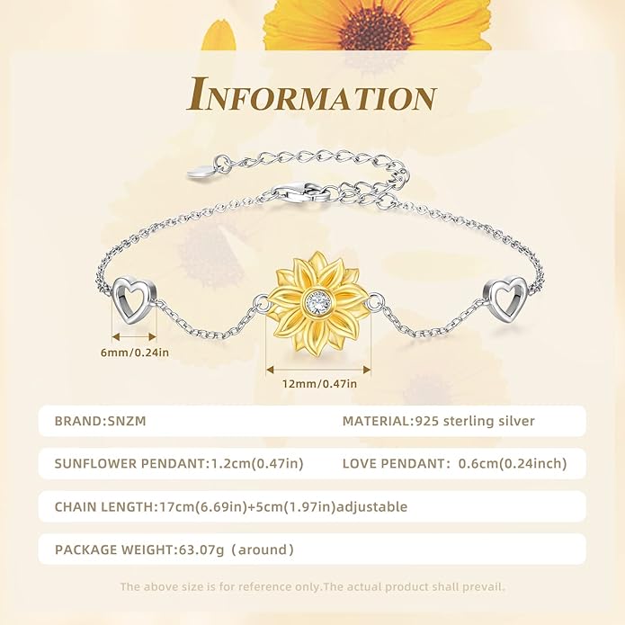 SNZM Bracelets for Women-925 Sterling Silver Sunflower Bracelet Chain Adjustable Heart Charm Link Birthday Sunflower Jewelry Gifts for Women/Daughter/Girlfriend
