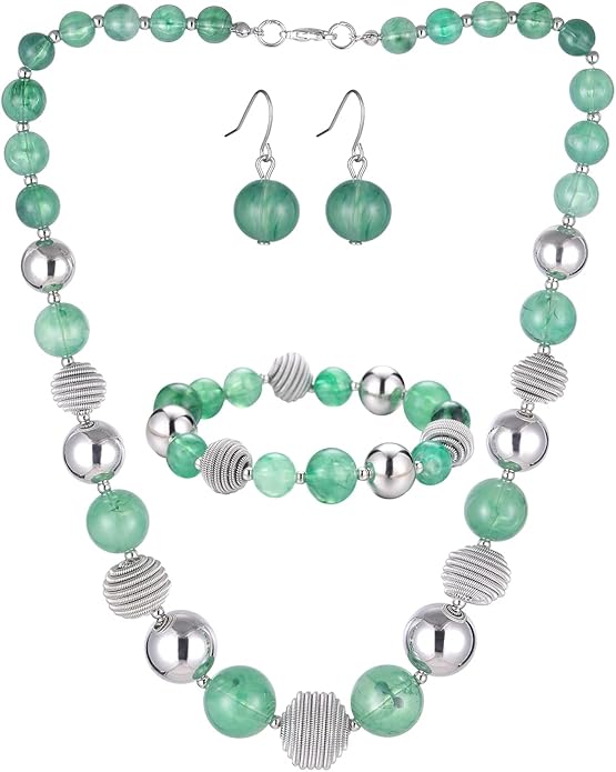 PEARL&CLUB Beaded Chunky Statement Necklace Earring and Bracelet Set Silver Metal Bead Fashion Jewelry Set Mothers’ Day Gifts for Women