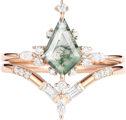 Natural Moss Agate Bridal Ring Set for Women 1CT Kite-cut Moss Agate Engagement Ring Set 925 Sterling Silver 10K 14K 18K Gold Classic Wedding Ring Set