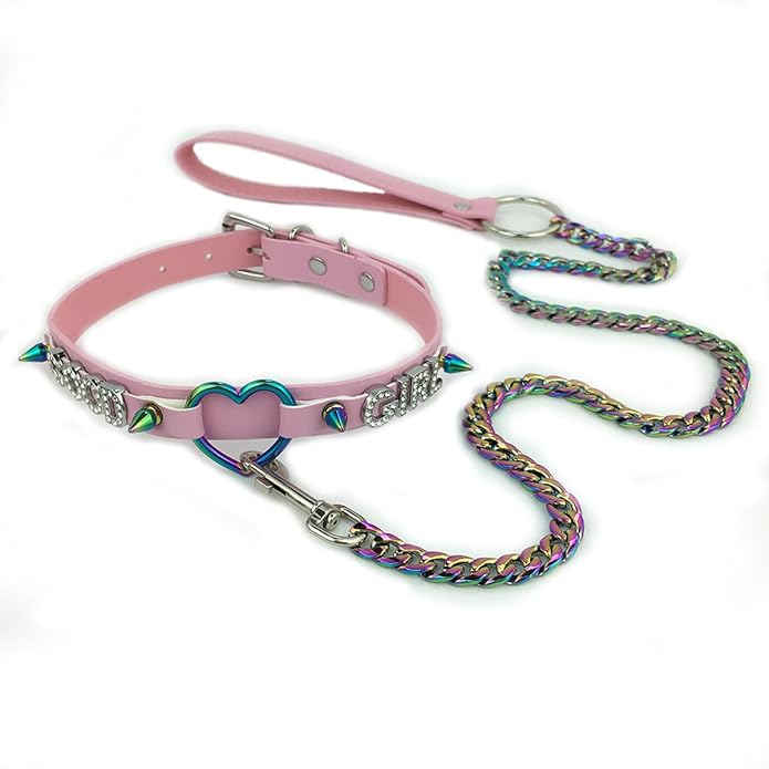Succuba Handmade Heart Ring Rhinestone Letter Pu Leather Choker Collar Necklace for Women and Men