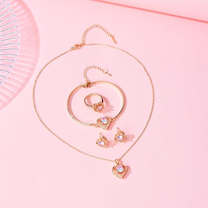 4pcs Cubic Zirconia Wedding Jewelry Sets for Bride Bridesmaid Cubic Zirconia Pendant Necklace Earrings Link Tennis Bracelet Open Ring Set for Women