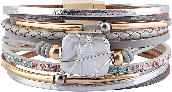 Fesciory Leather Wrap Bracelets for Women, Boho Leopard Multi-Layer Crystal Beads Cuff Bracelet Jewelry