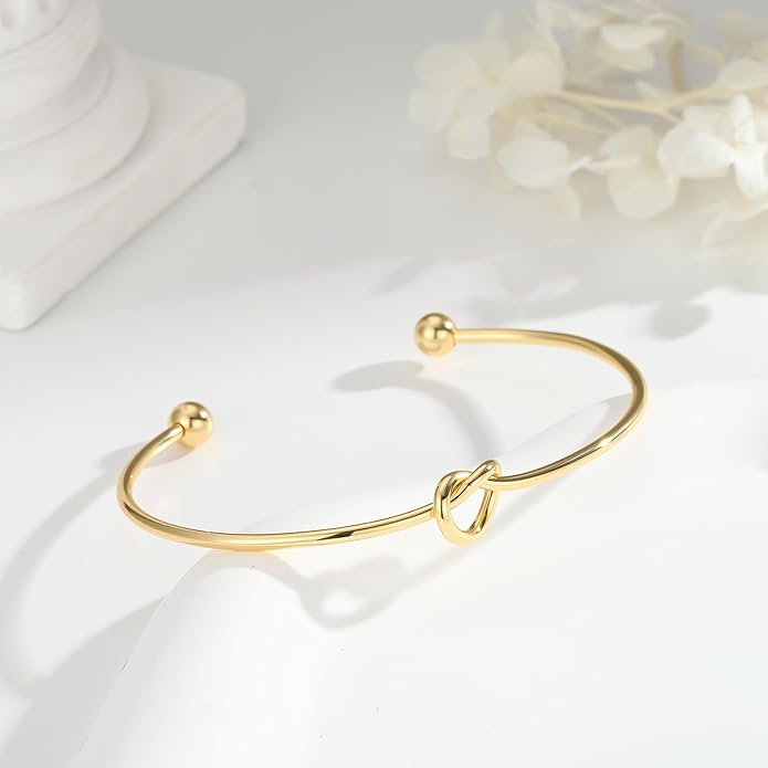 Turandoss Gold Knot Bangle Bracelets for Women - Dainty 18K Gold Plated Cuff Bangle Bracelets for Women Trendy Personalized Open Love Knot Bracelet Adjustable Cuff Bracelet Valentine Gifts for Her