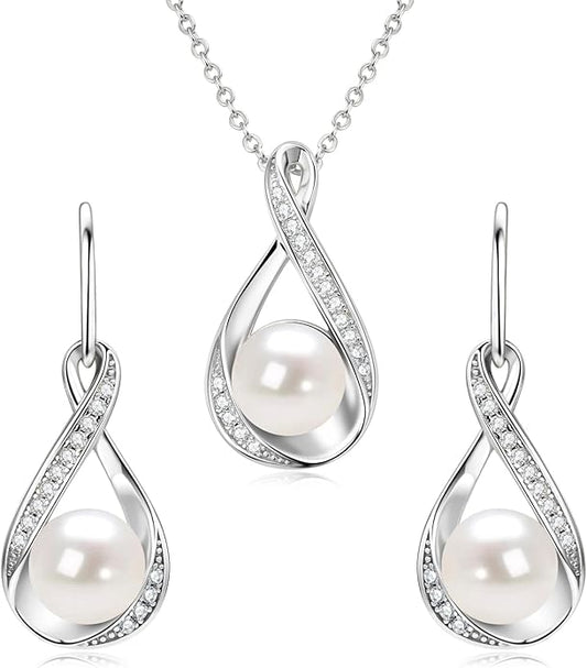 Sterling Silver Pearl Jewelry Set with Shiny Moissanite, Real Freshwater Pearl Earrings Necklace for Women, Wedding Jewelry for Brides Bridesmaid, Mother's Day