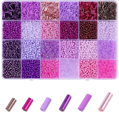 ZHIYUXI 7500Pcs Purple Glass Seed Beads Kit for Jewelry Making with Bugle Tube Bead 24 Colors Waist Embroidery Beads for DIY Bracelet Necklace Making Craft Beading Kit - color: G-Purple
